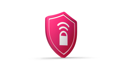 Vaaleanpunainen kilpikuvake, jossa on lukko ja langattoman signaalin symboli läpinäkyvällä taustalla.