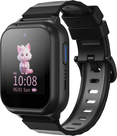 Musta älykello, jonka näytöllä näkyy söpö kissasarjakuva ja digitaalinen kellonaika, ja jossa on musta ranneke.