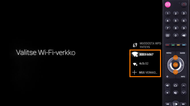 DNA TV-hubin käyttöönotto: Langattoman WiFi-verkon valinta