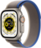 Apple Watch Ultra (GPS + Cellular, 49 mm), Titaanikuori ja sininen/harmaa Trail-ranneke (S/M)