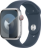 Apple Watch Series 9 (GPS + Cellular 45 mm), Hopeanvärinen alumiinikuori ja myrskynsininen urheiluranneke (M/L)
