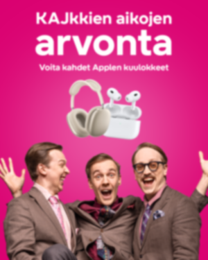Kolme innostunutta pukumiestä juhlii vaaleanpunaisella pohjalla tekstin alla, joka kertoo kahden parin Apple-kuulokkeiden arvonnasta.