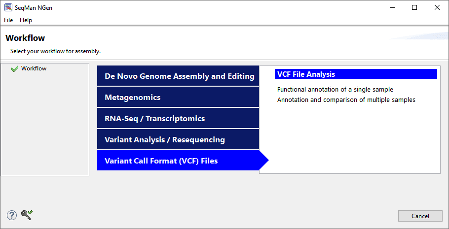 SeqMan NGen's Workflow screen provides single- and multiple-sample options for the VCF Annotation workflow.