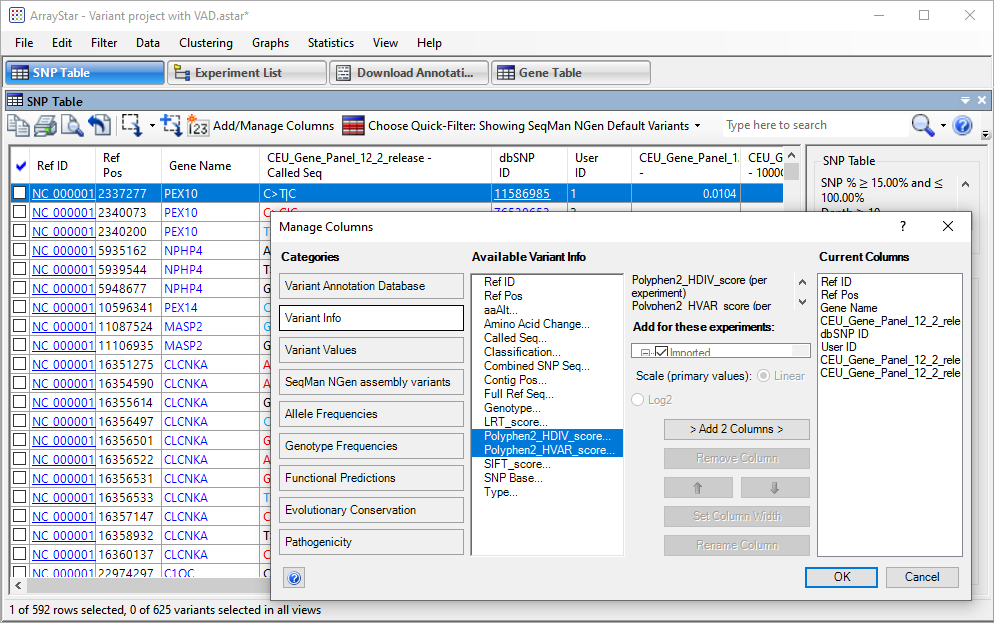 ArrayStar's "Add/Manage Columns" dialog lets you choose which data columns to display in a given table. Options include data and statistics from the Variant Annotation Database.