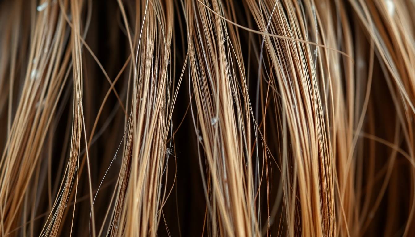 close-up of dry damaged hair with mineral buildup and split ends