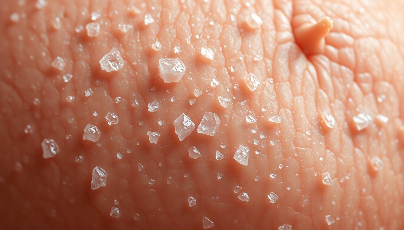 close-up of hard water minerals and chlorine deposits on skin surface with visible irritation
