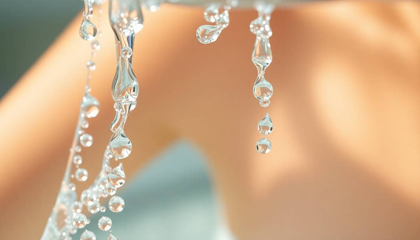 clear, clean water droplets in soft natural light representing purified shower water with healthy skin benefits
