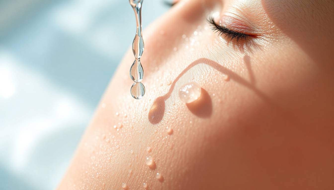 Crystal-clear filtered water droplets and glowing, hydrated healthy skin texture