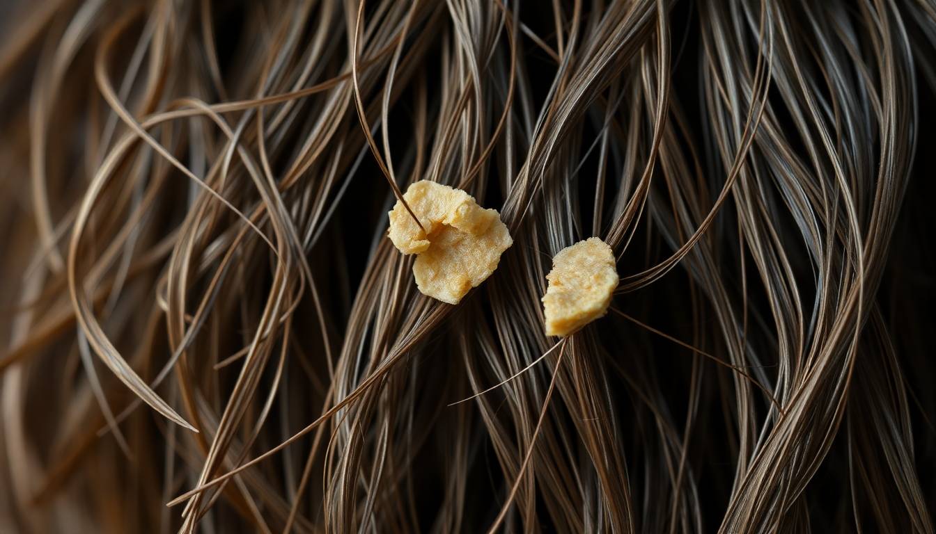 close-up of damaged hair with mineral buildup and brittleness, editorial haircare photography