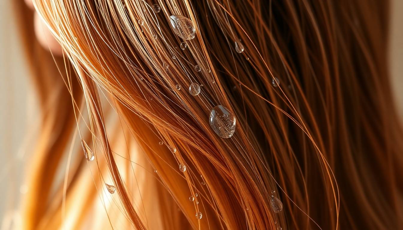 healthy shiny hair with natural moisture and shine, clean water droplets, wellness lifestyle photography