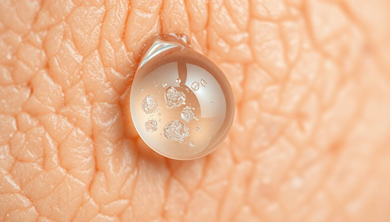 Close-up of skin showing premature aging signs and water droplets with visible mineral deposits