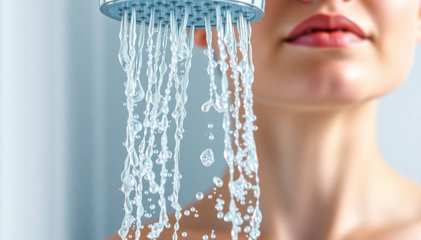 Crystal-clear filtered water flowing from modern shower head with healthy, glowing skin texture visible