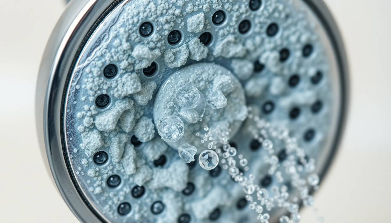 close-up view of biofilm and bacterial growth inside a shower head with water droplets