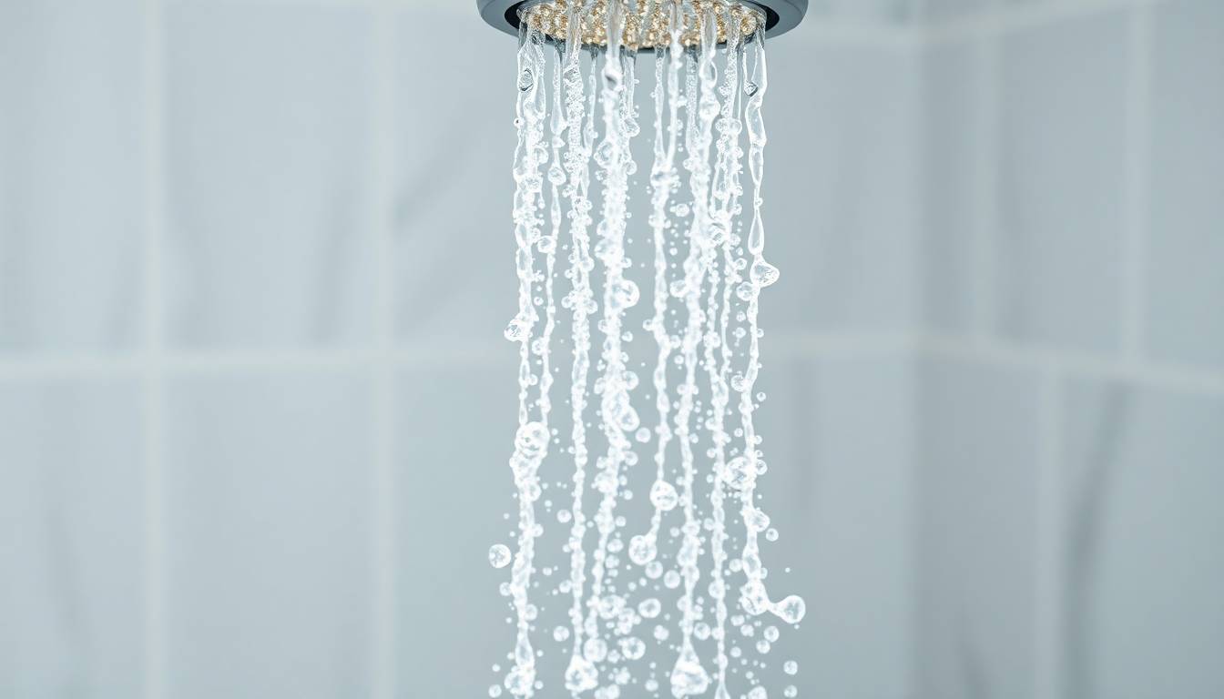 crystal clear filtered water flowing from a modern shower head with visible healthy skin texture and shiny hair in wellness context