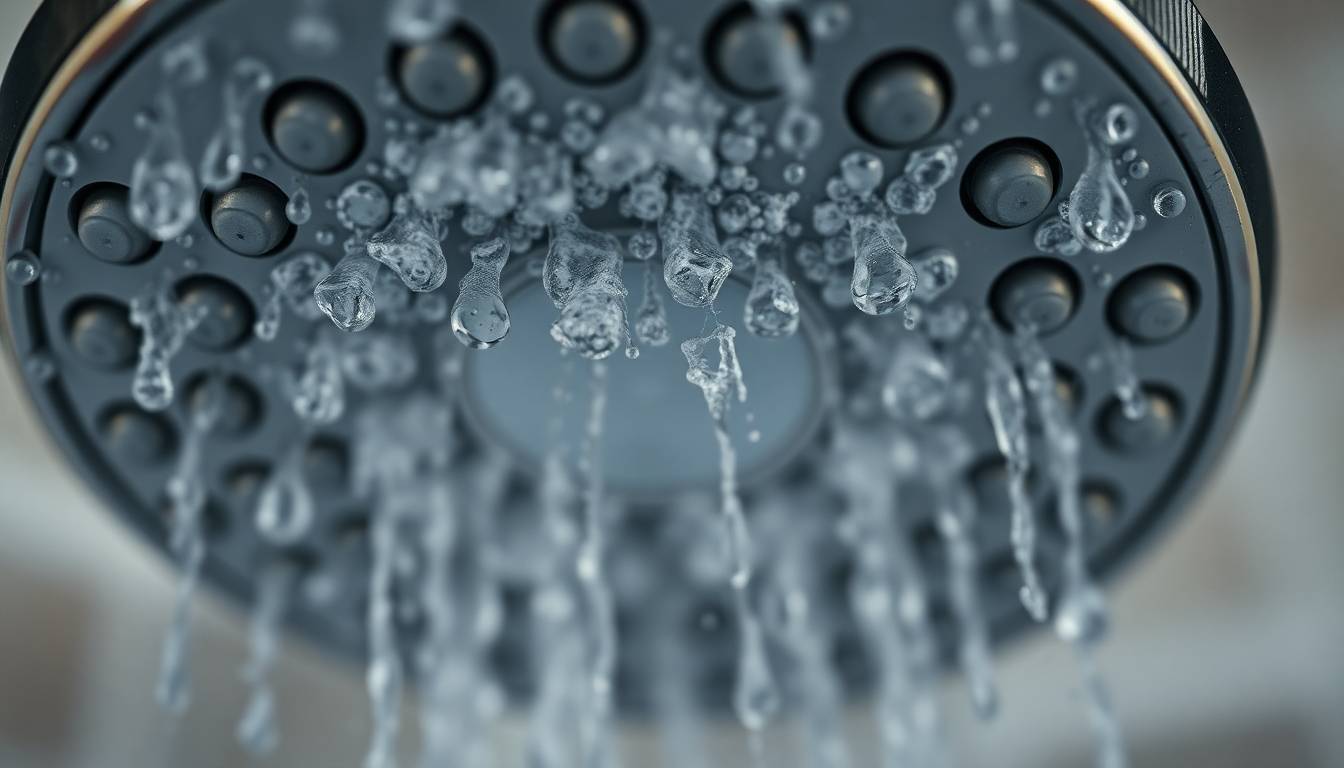 Close-up of biofilm and bacterial buildup inside a shower head with water droplets