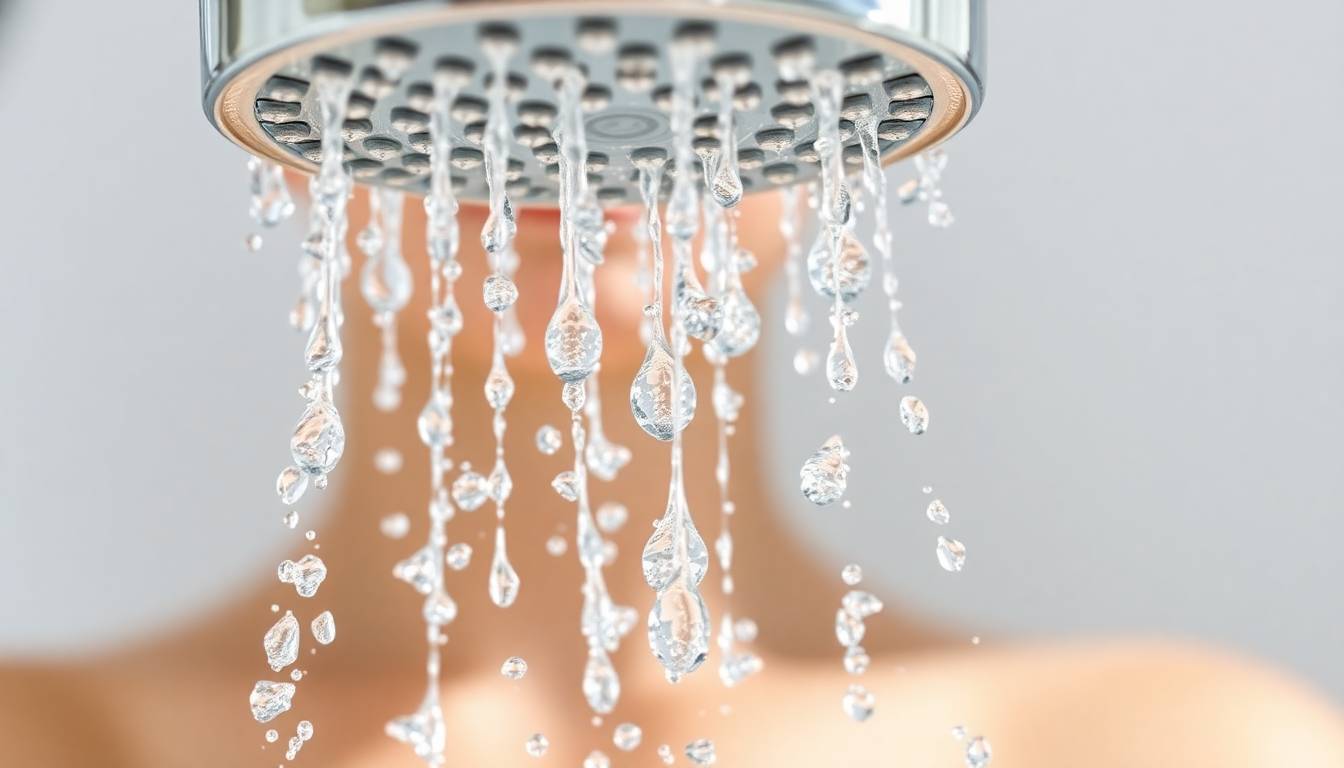 Clear filtered water flowing from a modern shower head with healthy, clean appearance