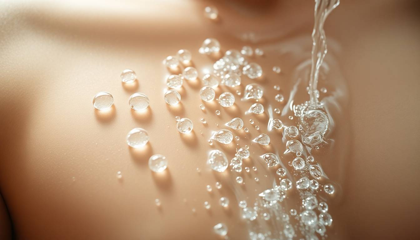 Crystal-clear filtered water droplets cascading over healthy, glowing skin texture in soft natural light