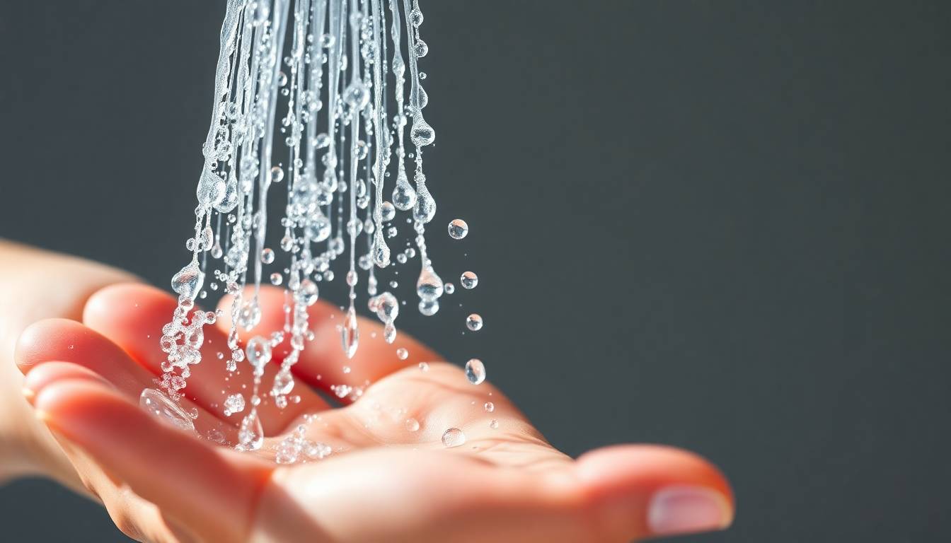 crystal clear filtered water flowing from shower head with healthy glowing skin texture visible