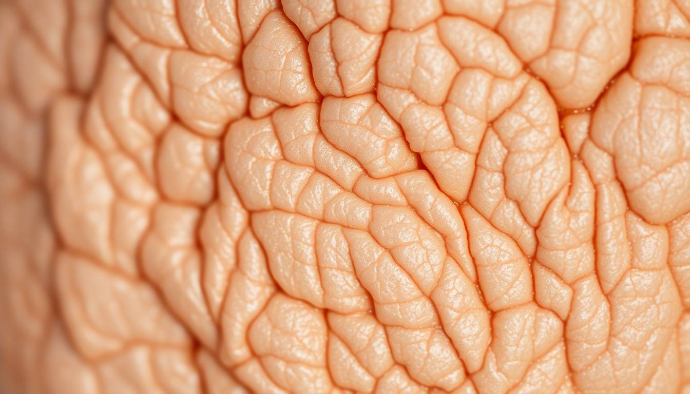 Close-up of aged skin texture showing fine lines and dryness caused by hard water mineral deposits