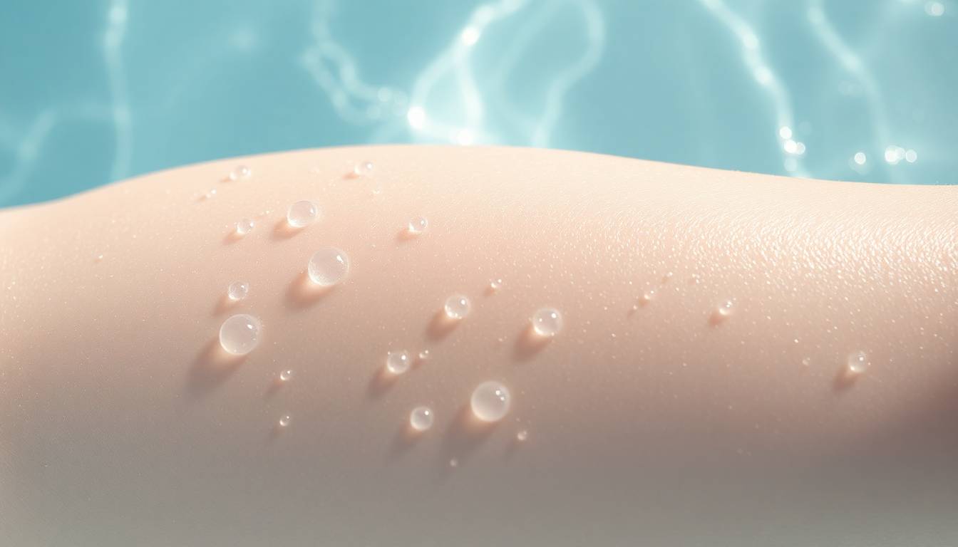 Crystal-clear filtered water flowing over healthy, luminous skin texture showing improved hydration and radiance