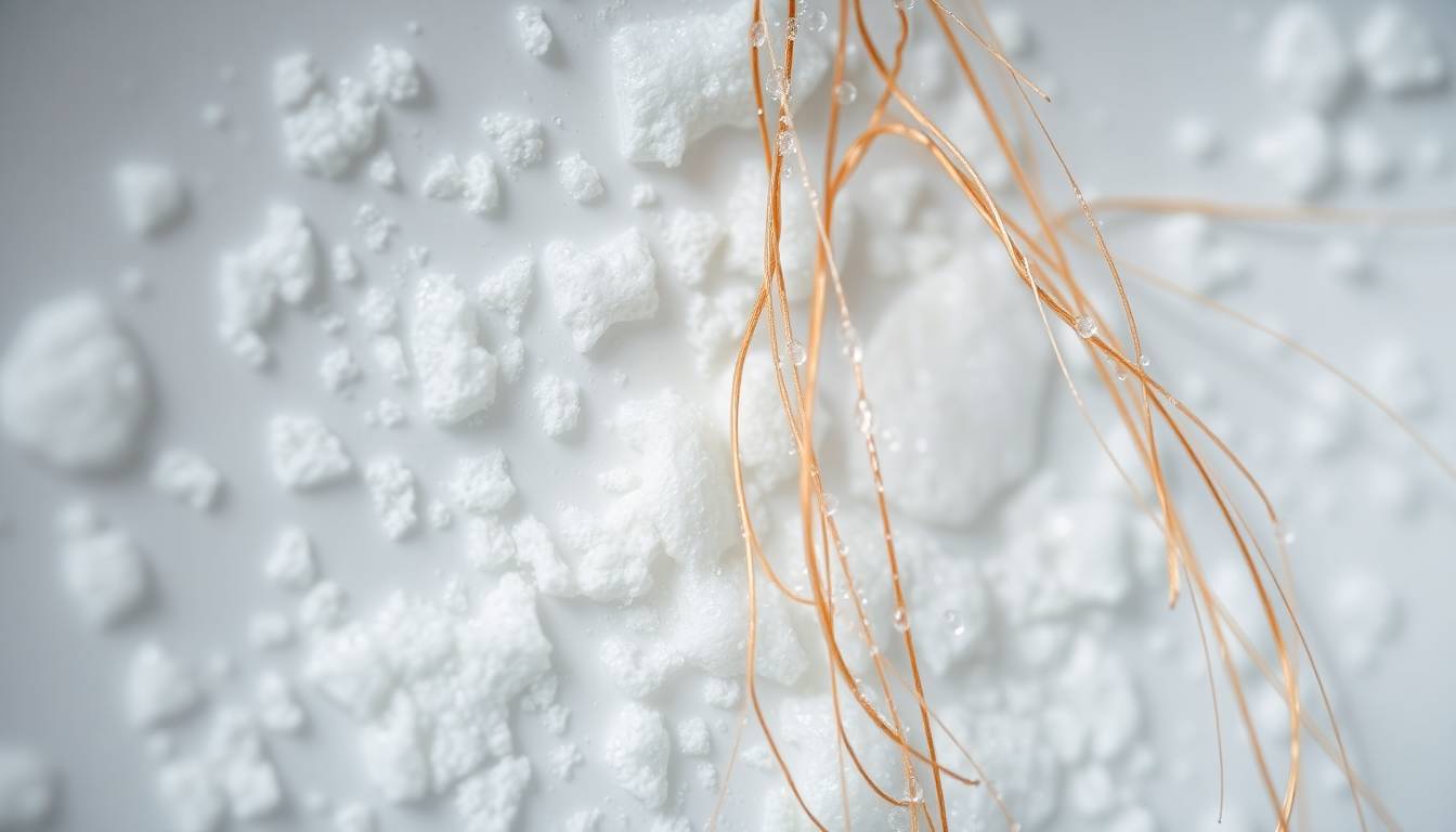 close-up of limescale mineral deposits on shower surfaces and damaged hair strands