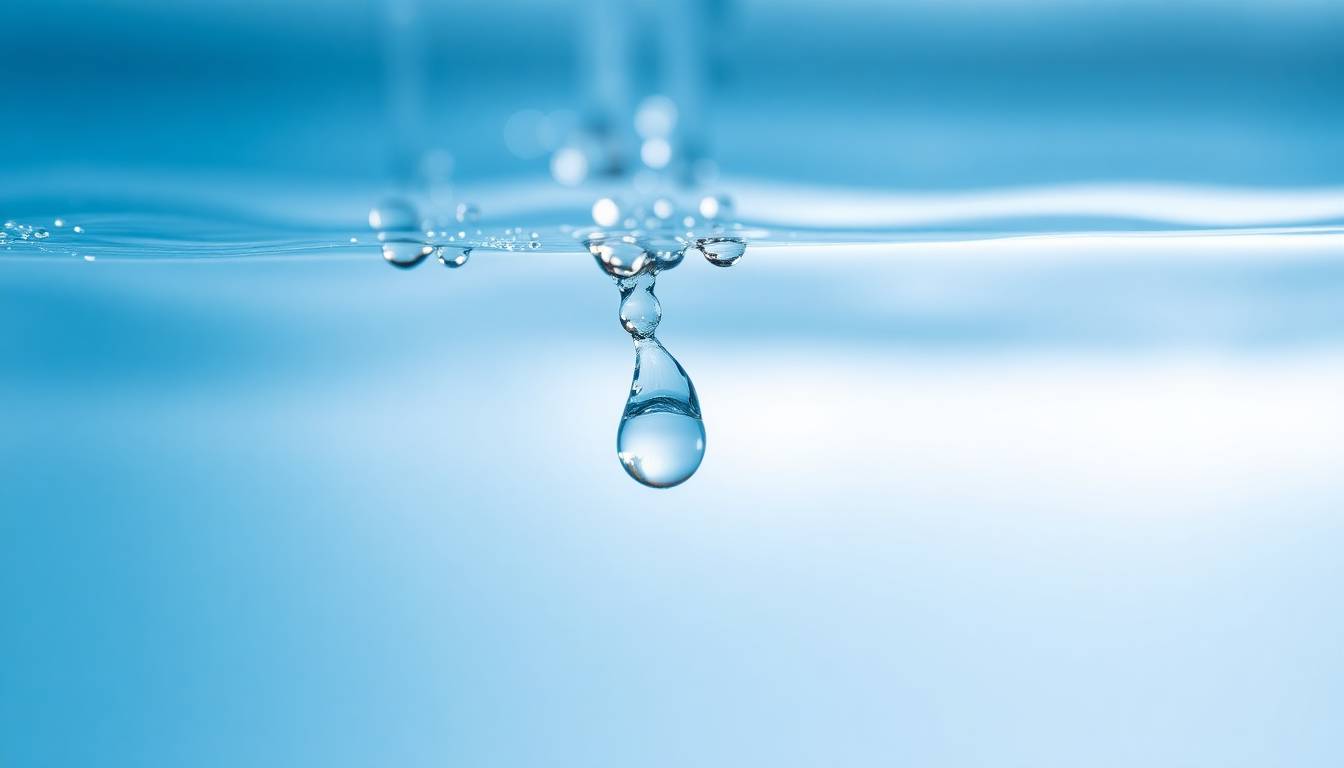 Crystal-clear filtered water droplets falling, representing pure clean water and healthy skin benefits from advanced filtration