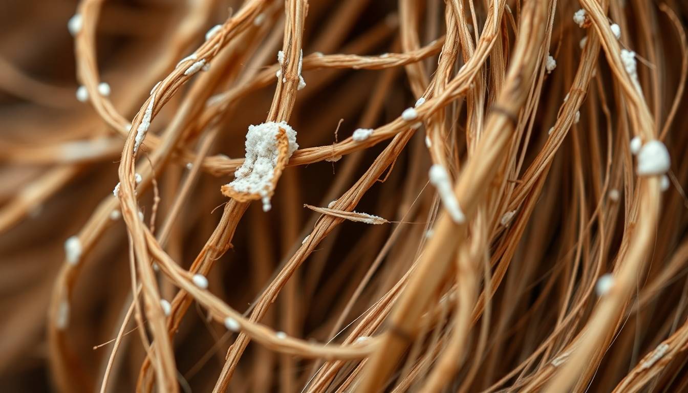 Close-up of brittle, dry hair strands showing mineral buildup and damage from hard water