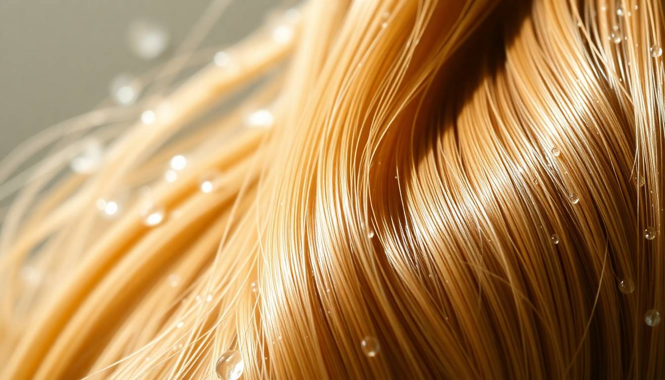healthy glossy hair strands with visible shine and vitality, clean water droplets, wellness and beauty aesthetic