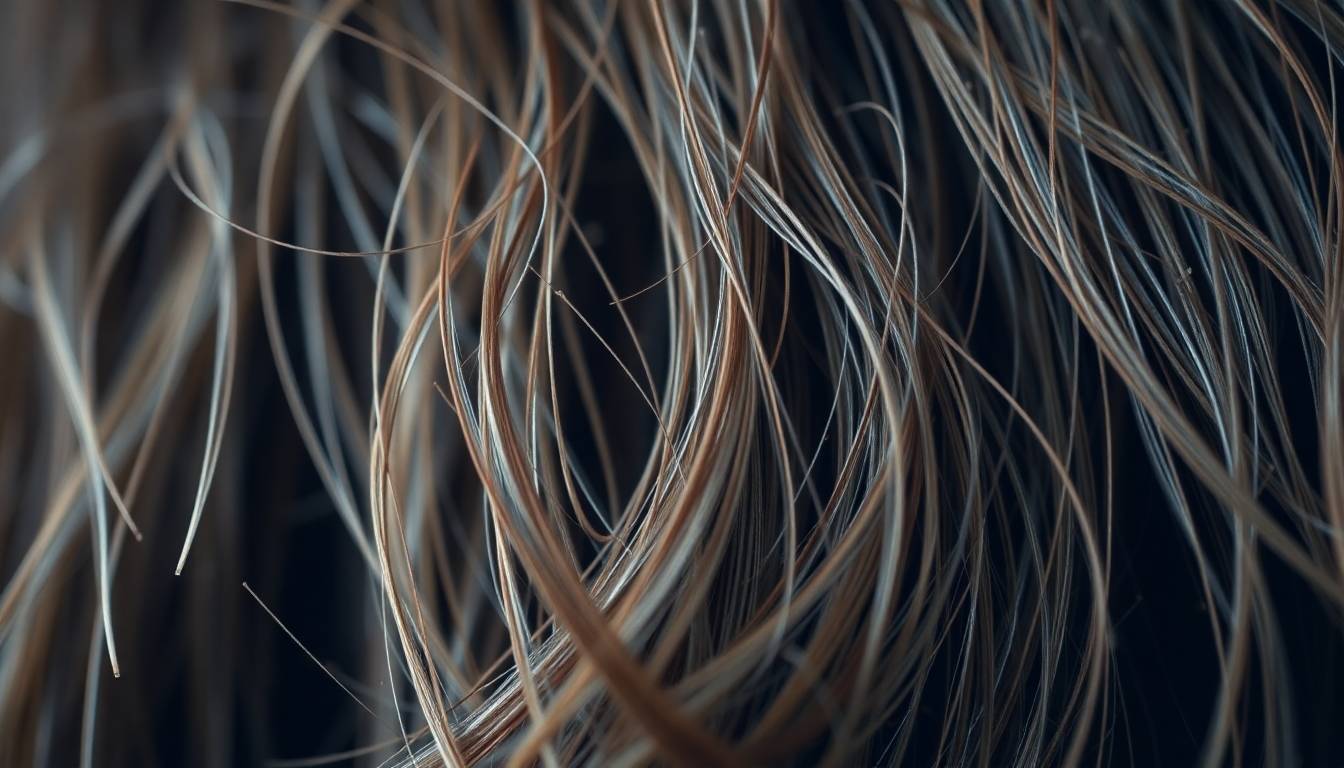 close-up of damaged dry hair with split ends and chemical residue, editorial style
