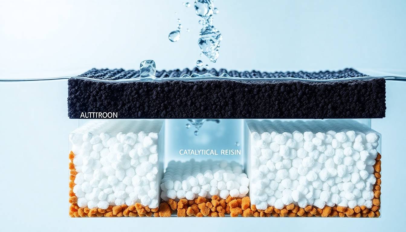multi-stage shower filter cartridge cross-section showing layers of filtration media, clean water droplets, wellness spa environment