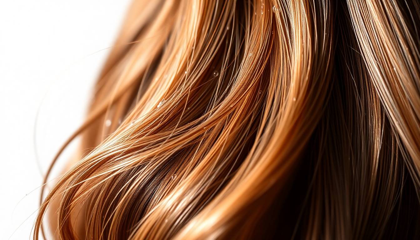Luxurious, shiny, healthy hair with visible volume and natural shine under soft lighting