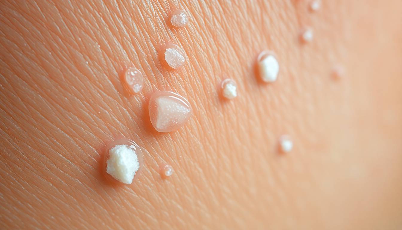 close-up of hard water mineral buildup on skin surface and hair texture