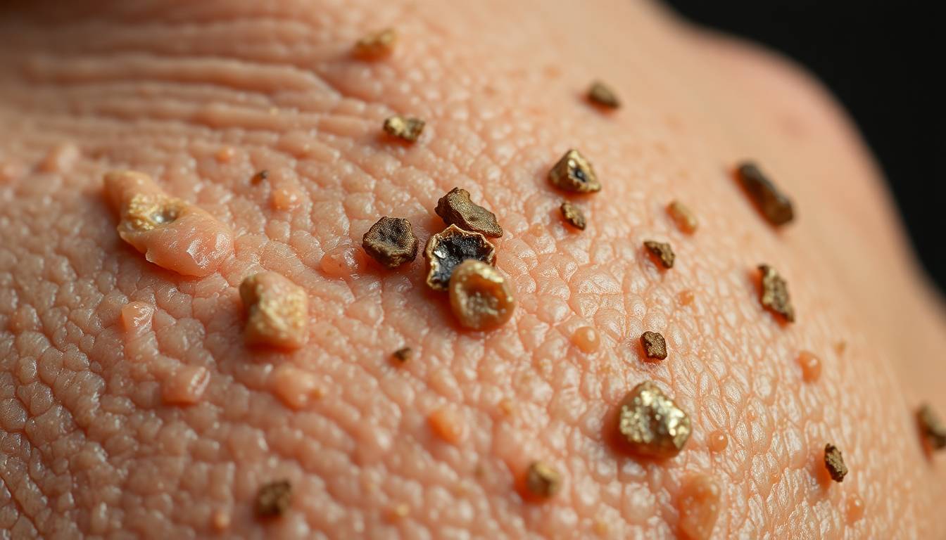 close-up of dry irritated skin with mineral deposits, showing dryness and inflammation