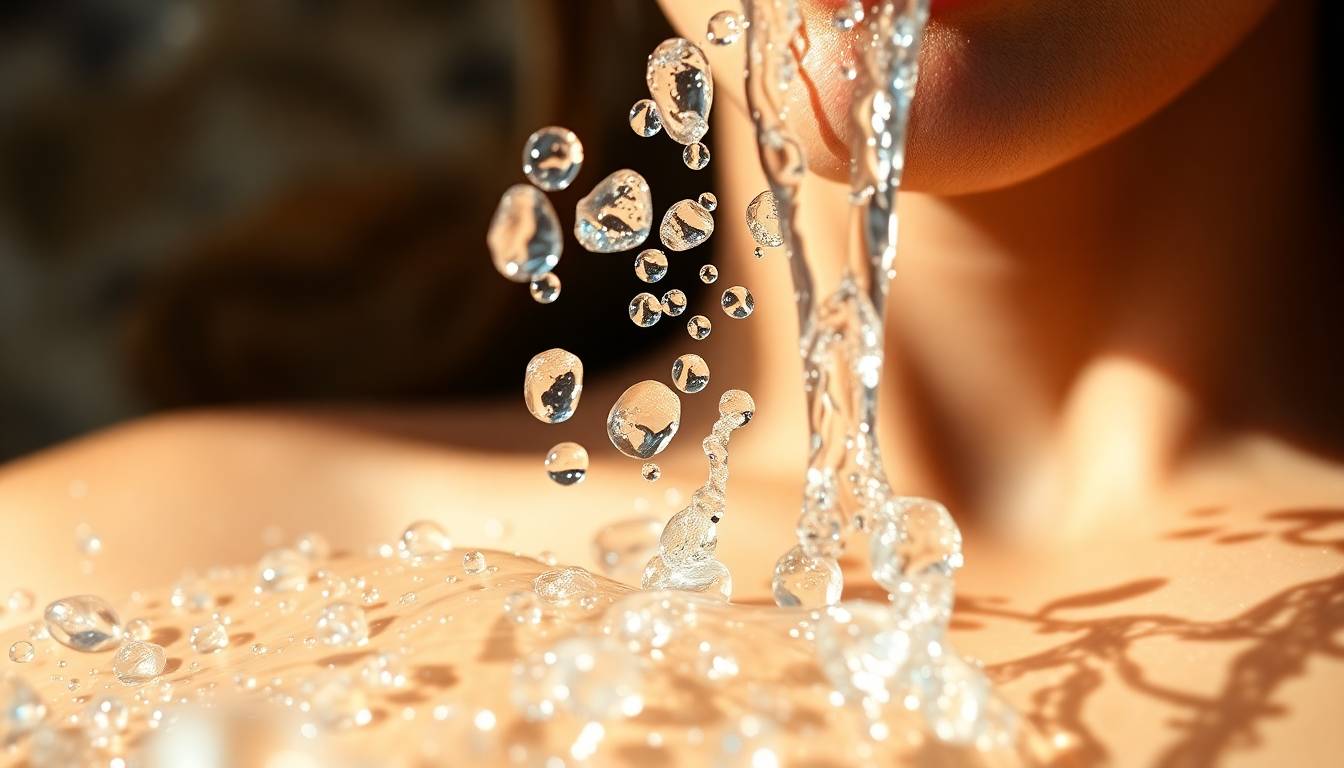 pure filtered water flowing smoothly, healthy glowing skin texture, clean and transparent water
