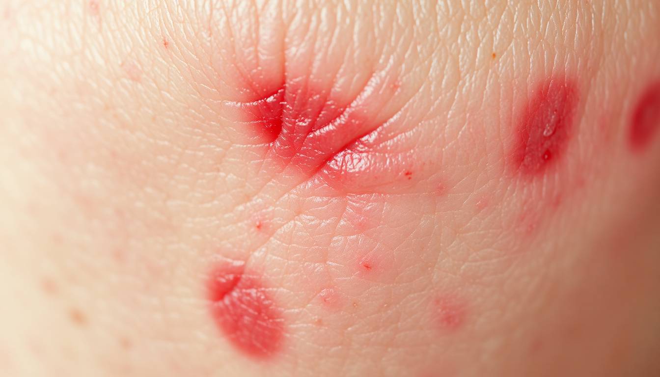 close-up of irritated skin texture with mineral deposits and redness