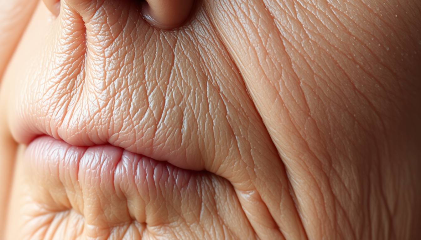 close-up of skin showing signs of aging and water damage with visible dryness and loss of elasticity