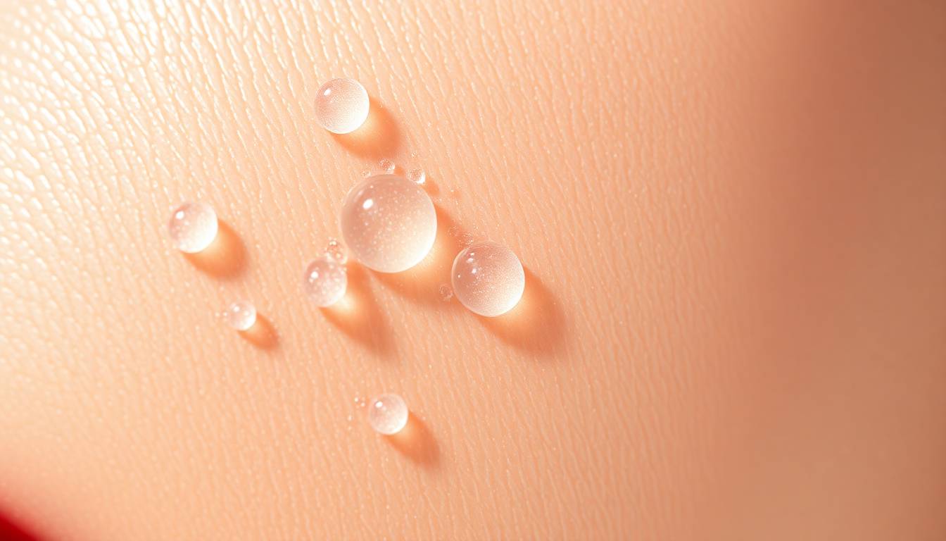 crystal-clear filtered water droplets on healthy, glowing skin texture with visible radiance and elasticity