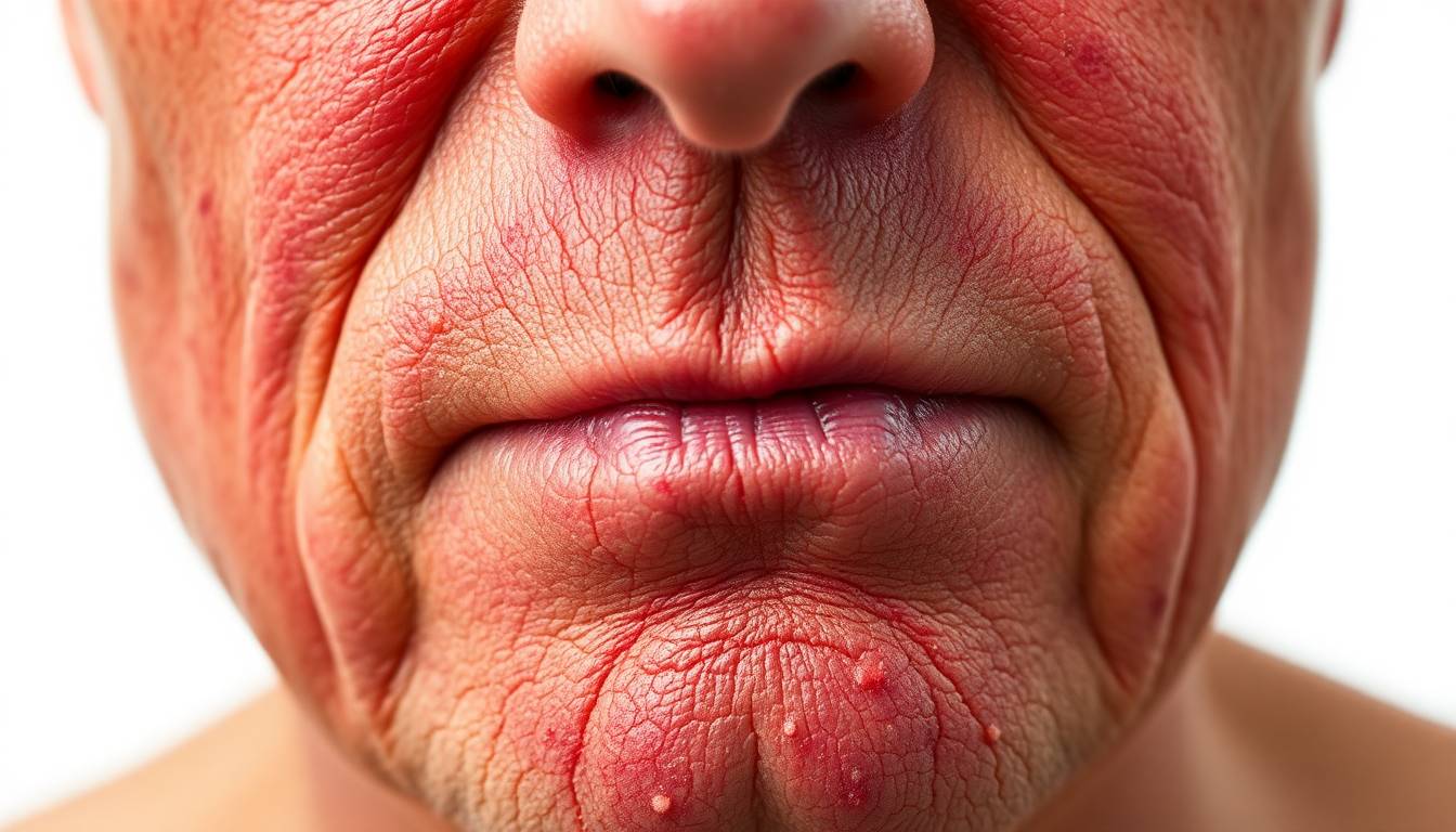 Close-up of irritated, red, dry skin with visible flaking and sensitivity marks