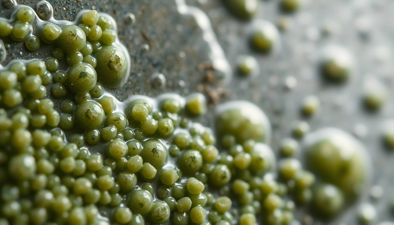 Close-up of bacterial growth and biofilm in shower water droplets