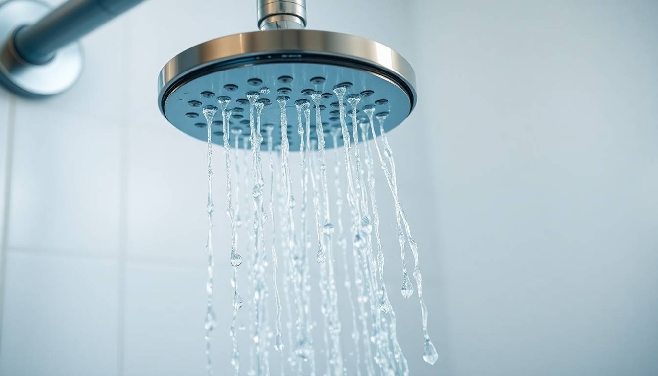 Clean filtered water flowing from shower head, crystal clear and pure wellness imagery