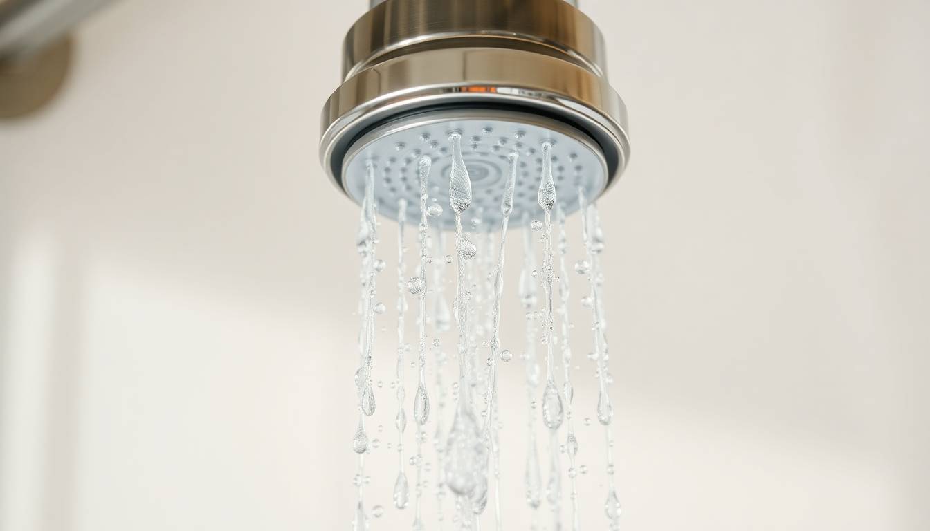 Crystal clear filtered water flowing from shower head, representing clean water and healthy skin wellness