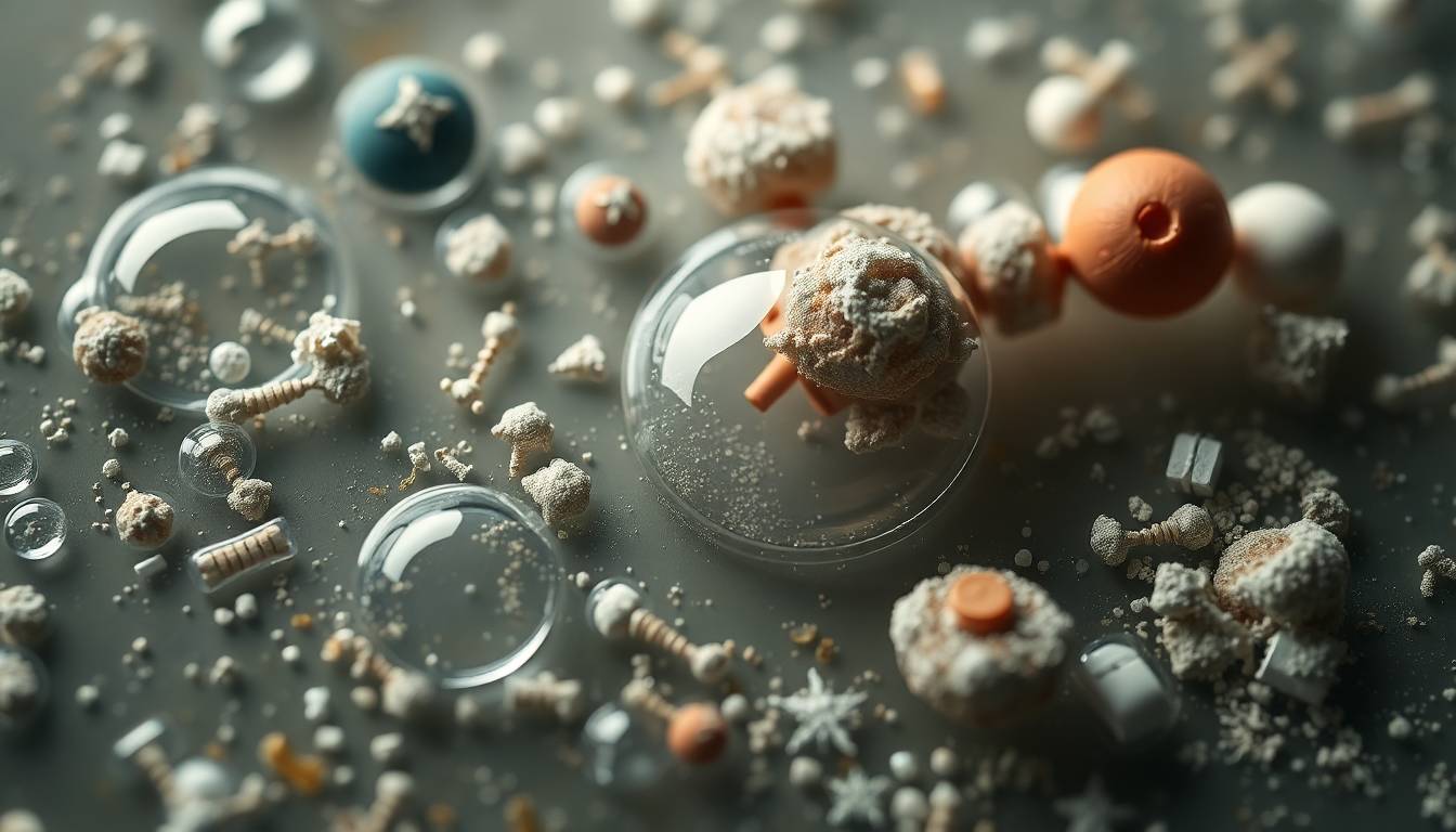 close-up of tap water droplets showing contamination particles, editorial pharmaceutical waste concept