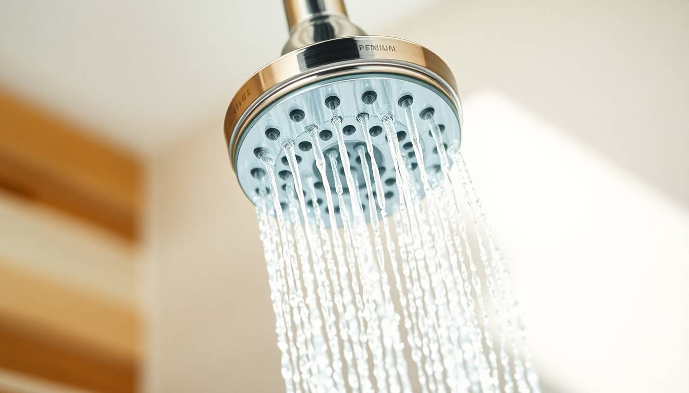 crystal clear filtered water flowing from shower head, clean wellness aesthetic, bright natural lighting