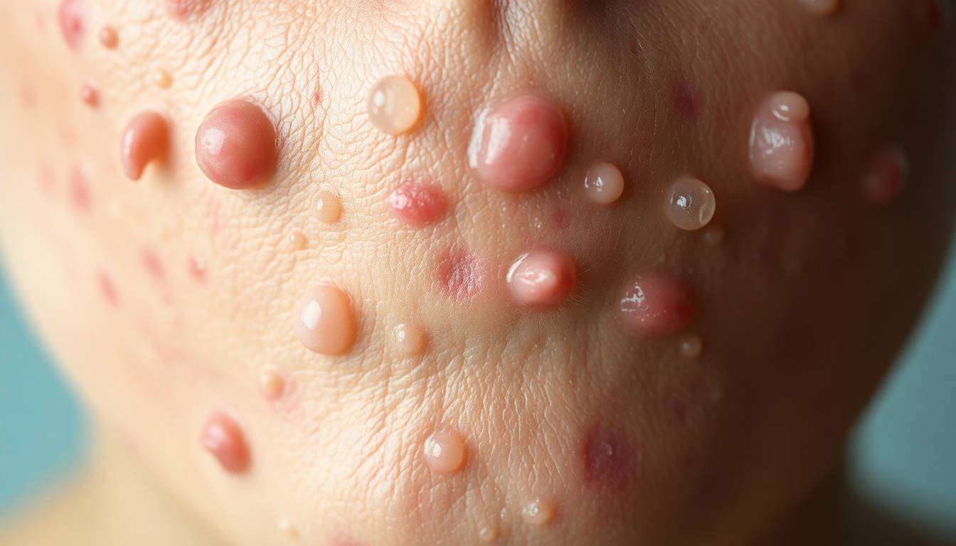 close-up of acne breakout on skin with mineral deposits and tap water droplets