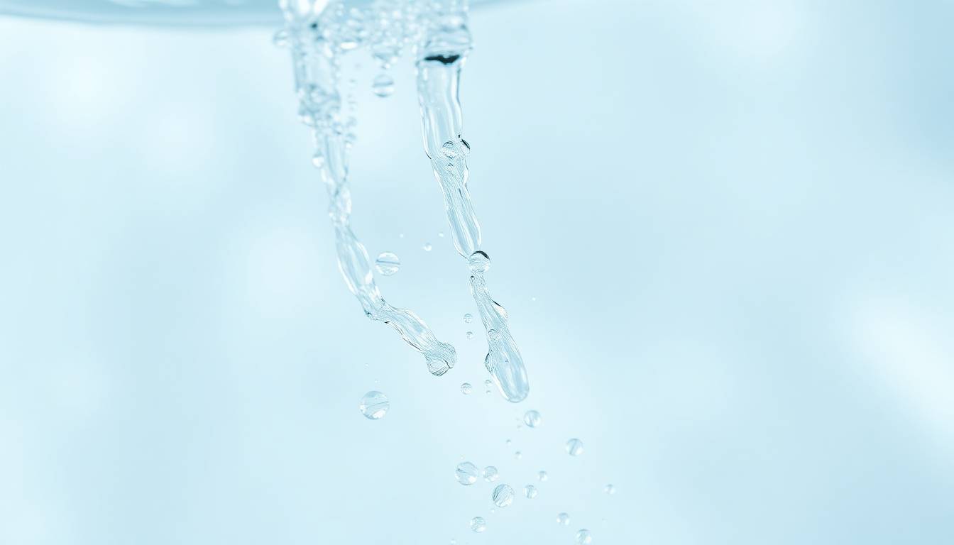 crystal clear filtered water flowing smoothly, healthy glowing skin texture, clean water droplets