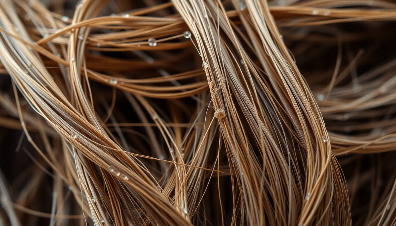 Close-up of damaged hair showing mineral buildup and brittleness from hard water