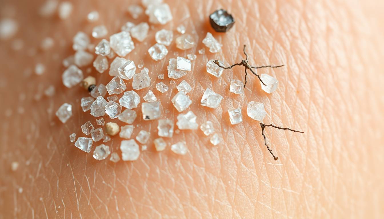 Close-up of mineral scale deposits on shower surfaces and skin texture