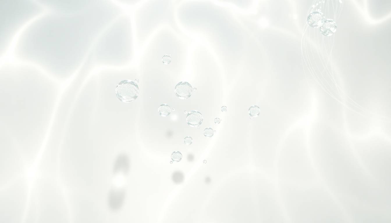Clean crystalline water droplets with healthy skin and shiny hair strands, filtered water clarity
