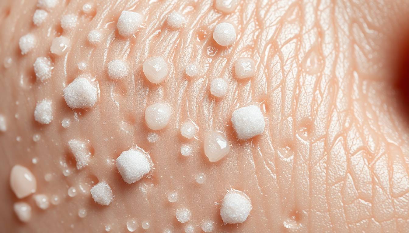 Close-up of hard water mineral deposits on skin texture and hair cuticles showing white coating