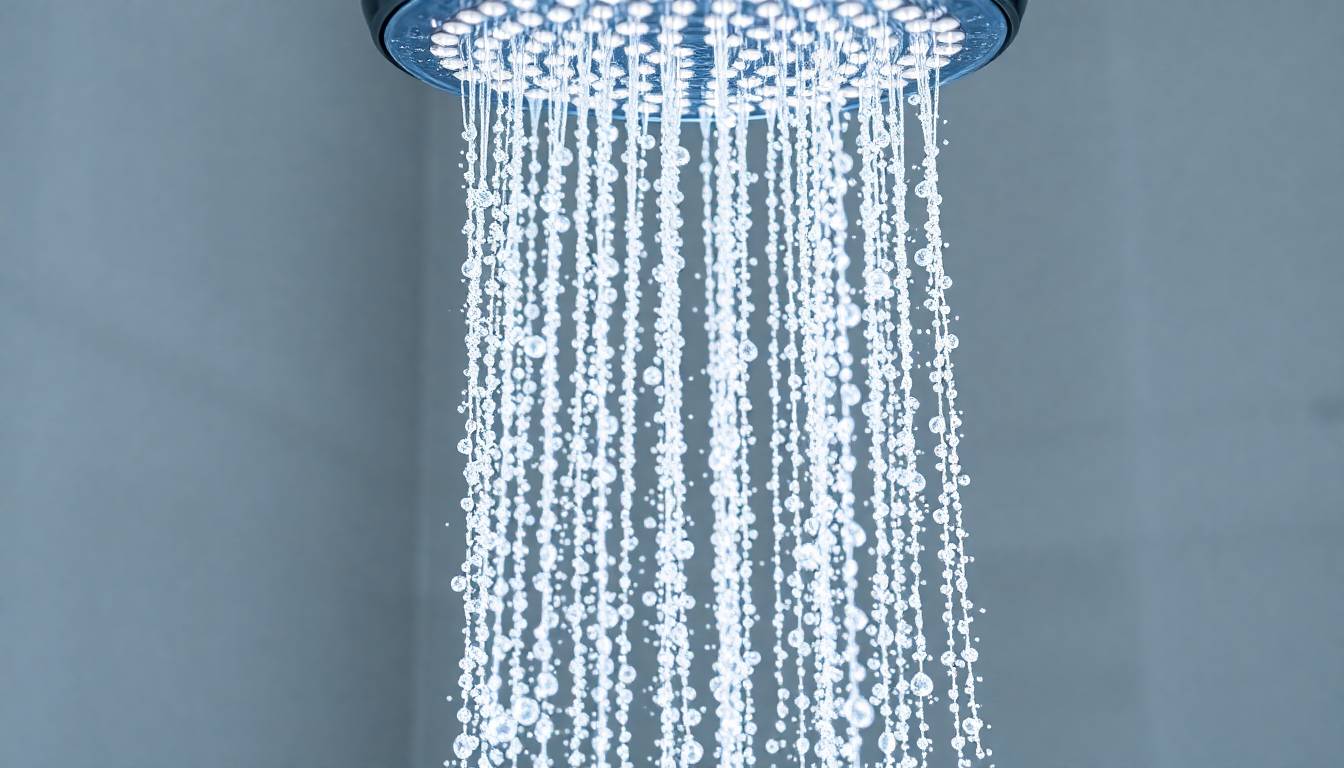 Crystal-clear filtered water flowing from Hydroluxe shower head, highlighting purity and clean water benefits